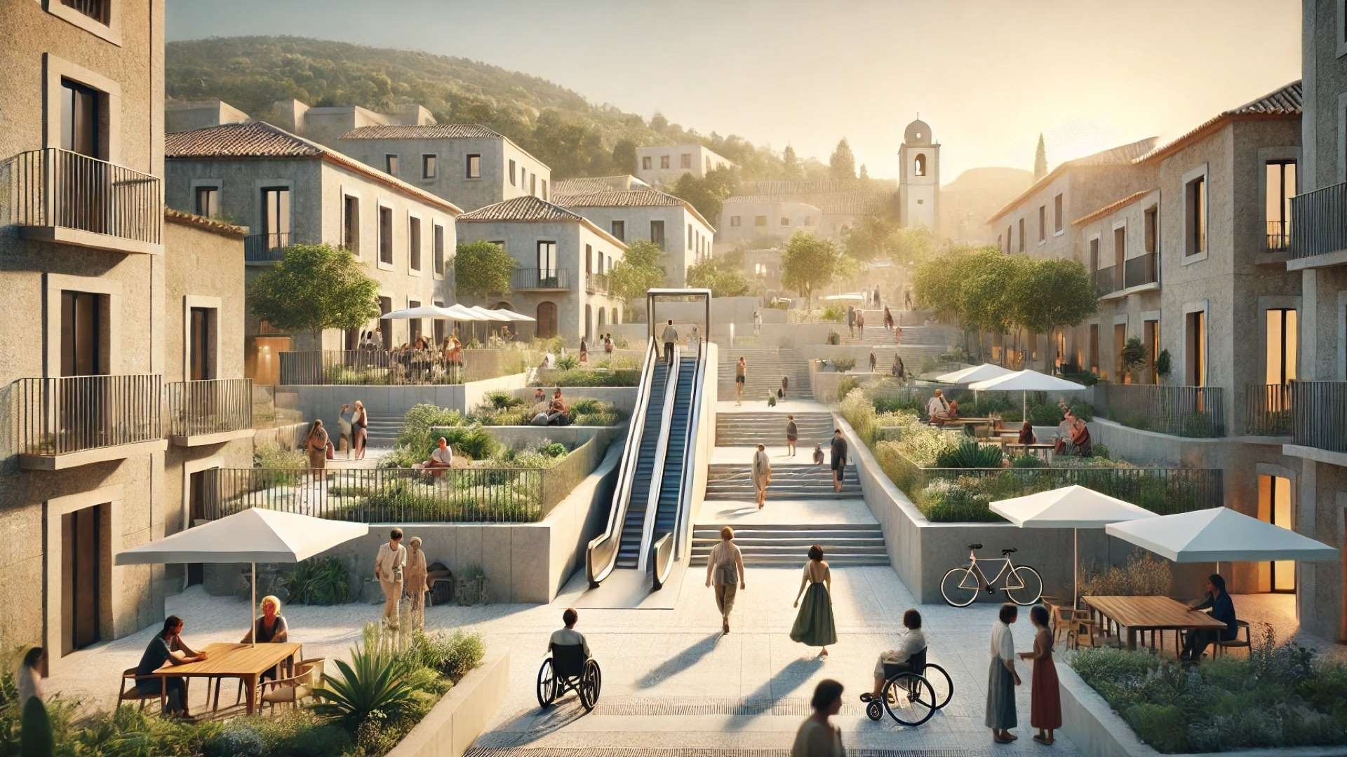 Terraced public plaza in a historic Portuguese hillside town featuring outdoor elevators, accessible pathways, landscaped seating areas, and people of varied mobility levels gathering in warm evening light.
