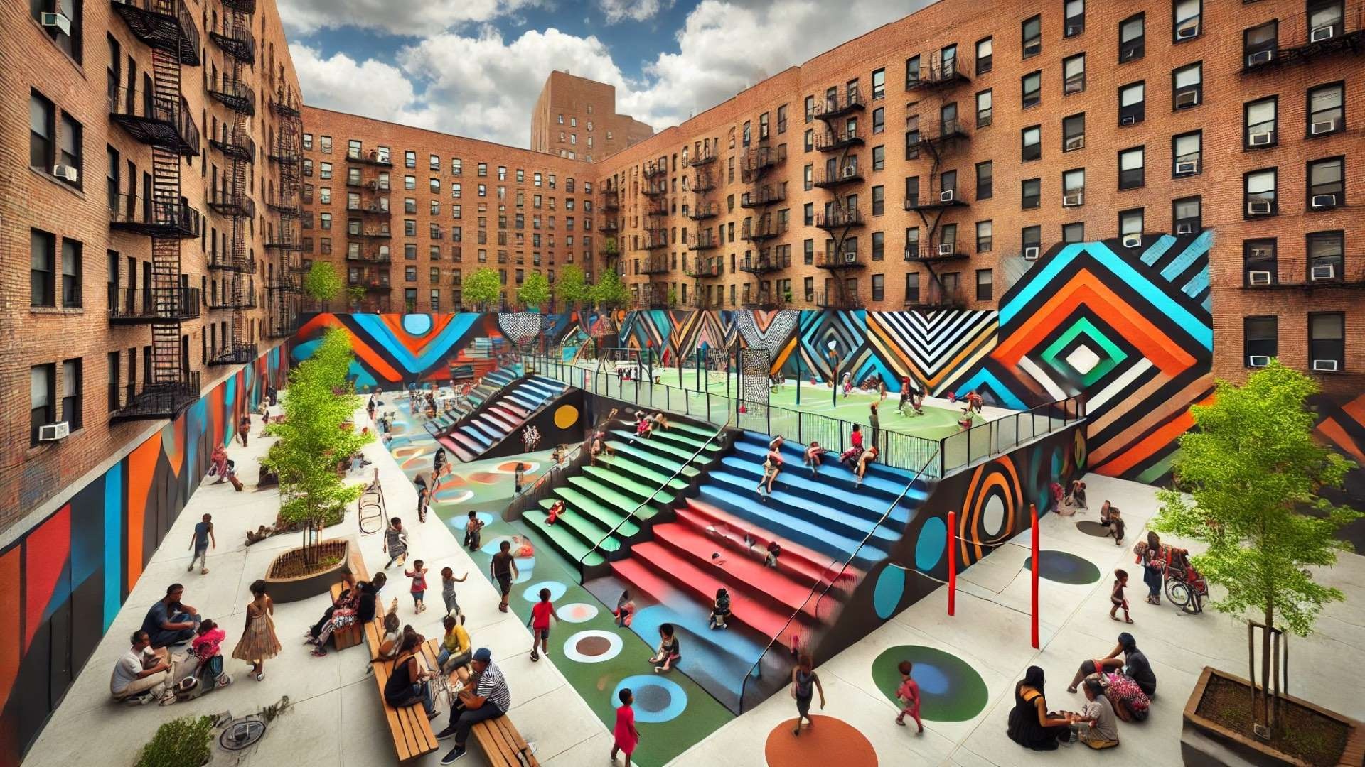 Colorful mural-covered bleacher playground in a Bronx housing courtyard where children play and families gather in a vibrant community space surrounded by brick apartment buildings.