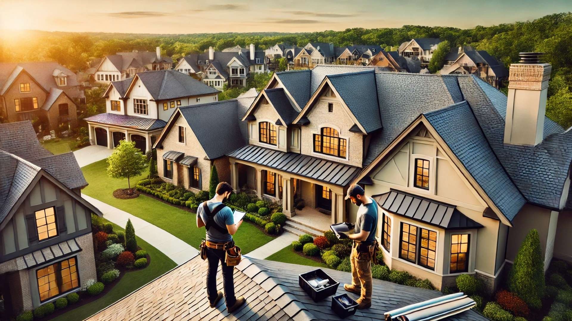 capturing a serene, upscale neighborhood in Williamson County, Tennessee, highlighting expert roof inspection and refined residential craftsmanship