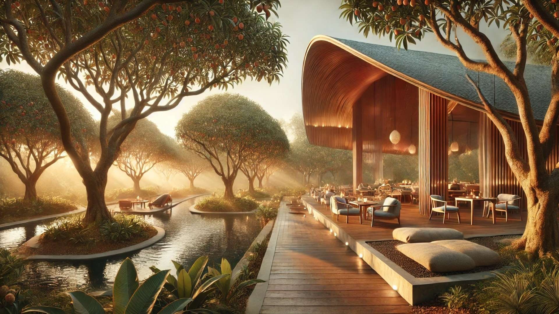 Elegant open-air café pavilion in a lychee orchard with sweeping curved timber roof, reflective water gardens, and warm golden light filtering through tropical trees.