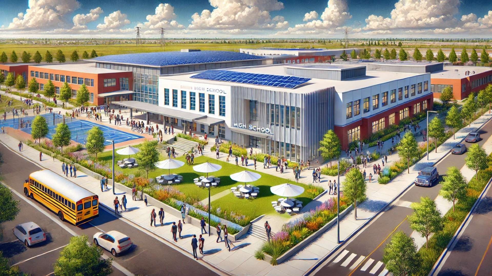 showcasing the expanded Pasco High School campus, emphasizing its modern architecture, welcoming atmosphere, and positive educational environment