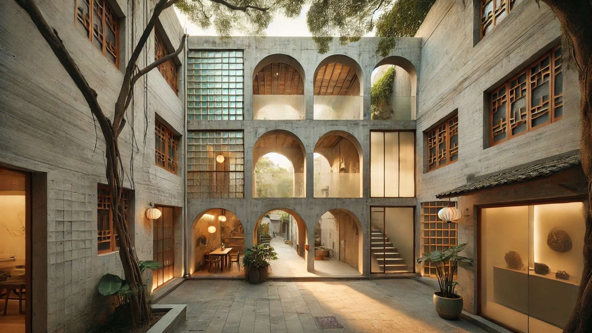 Xuebei Home in Qiaodong Old Town — showcasing its harmonious blend of exposed concrete, glass block elements, and natural light within a tranquil, community-oriented setting