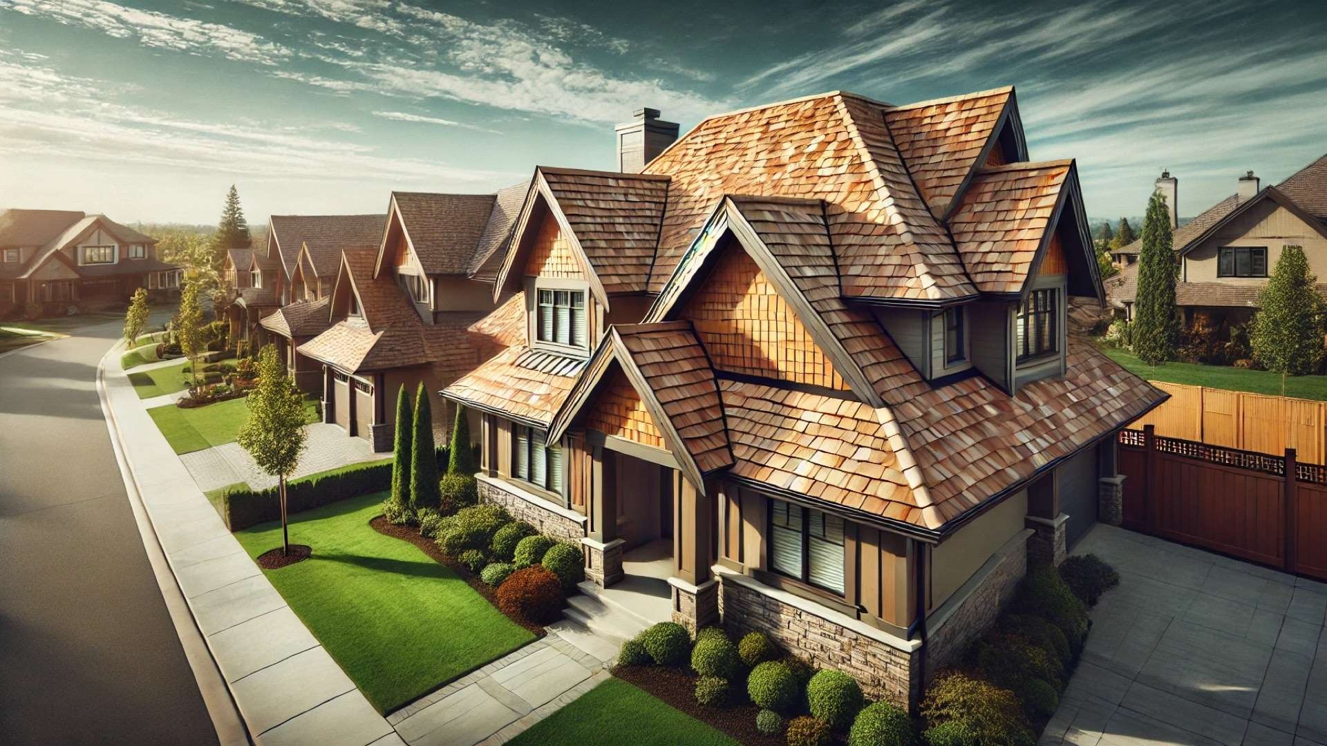 luxurious home with synthetic cedar shake roofing—highlighting the beauty, texture, and architectural harmony of this low-maintenance, high-performance material