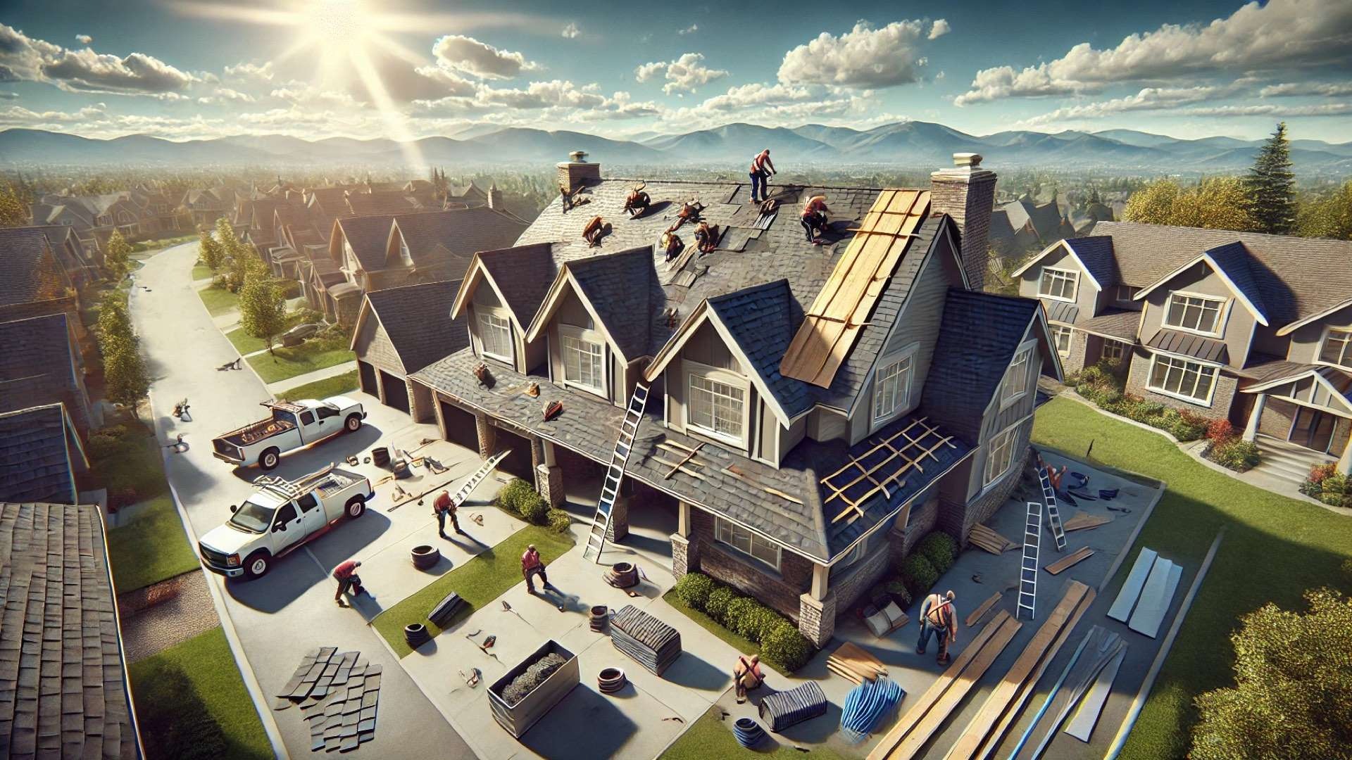 depicting a realistic residential asphalt roof replacement in progress