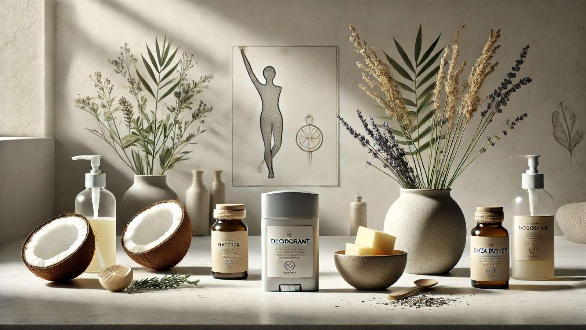 Natural deodorant and botanical ingredients arranged on a sunlit bathroom counter with soft shadow of a person raising an arm in the background.