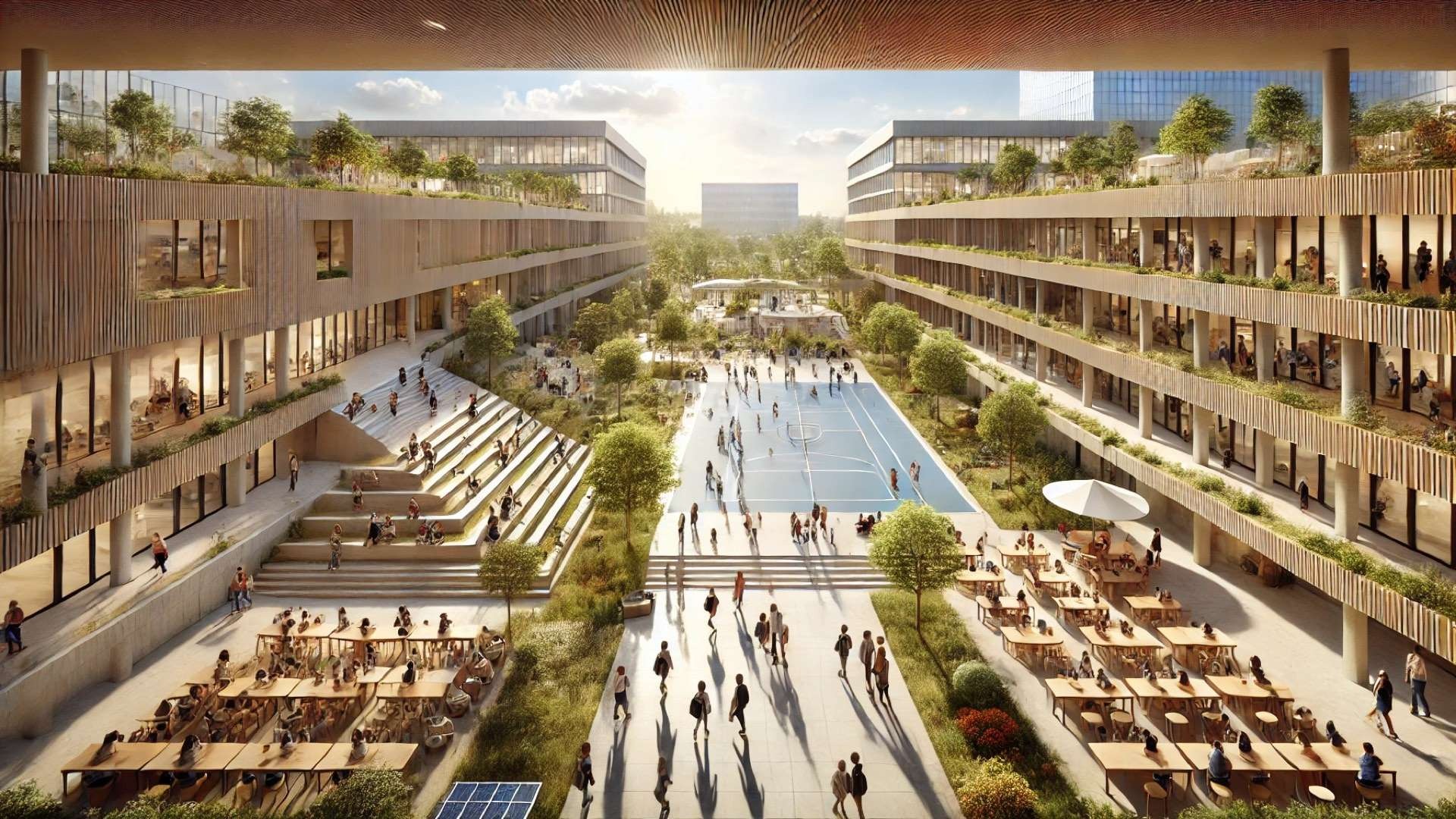 Modern educational campus in Albania with landscaped courtyards, open-air terraces, solar panels, and naturally lit classroom buildings surrounding active student gathering spaces.