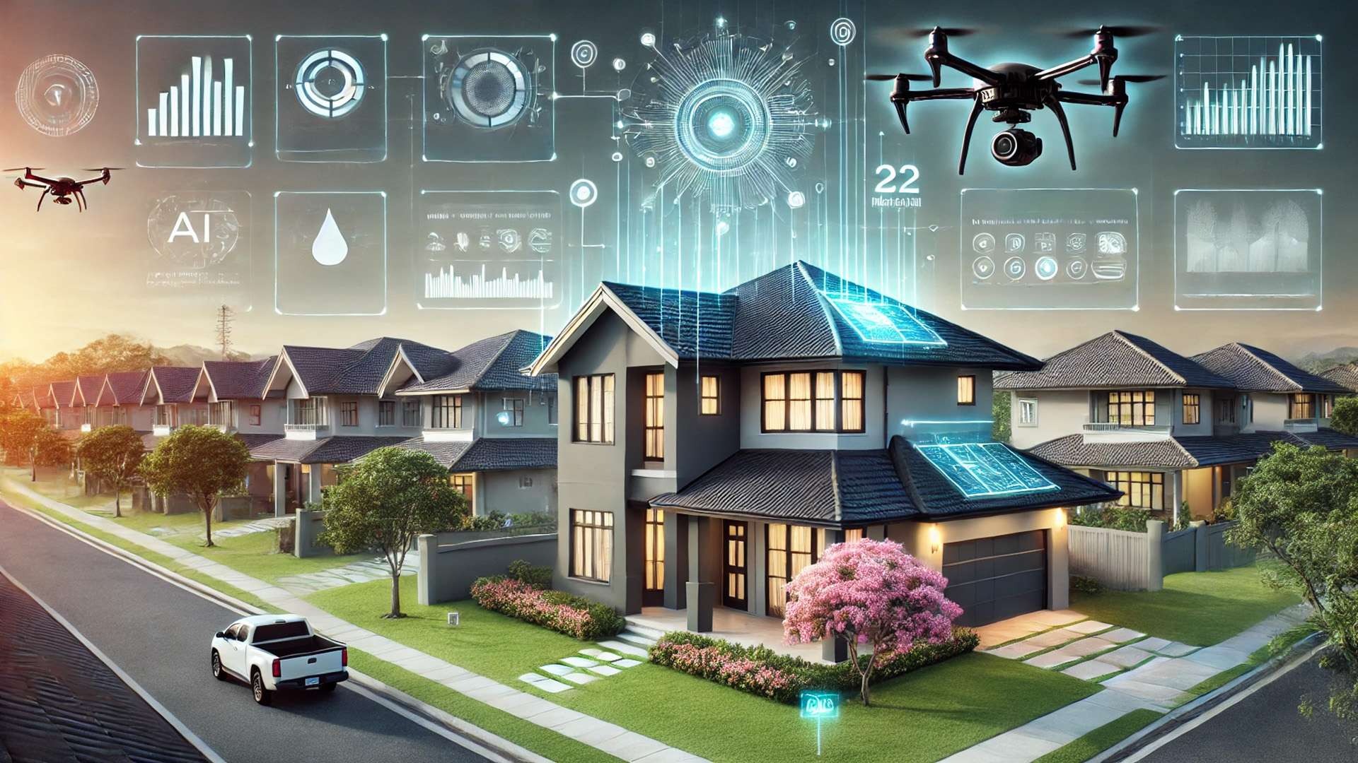 Suburban luxury home with a drone hovering above, surrounded by glowing holographic data overlays analyzing the roof and structure, with neighboring houses in a calm residential setting.