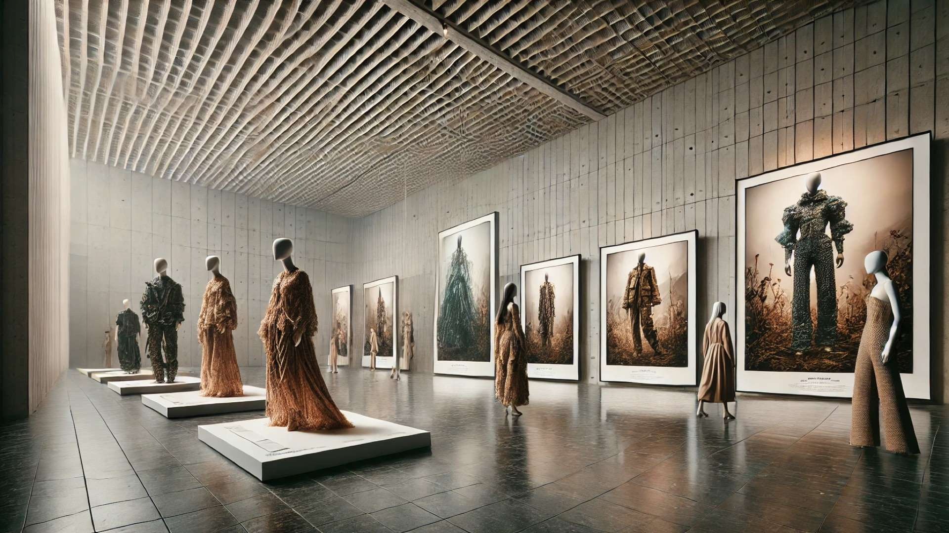 fashion exhibition space showcasing large-format photographs of sustainable garments made from upcycled, recycled, and deadstock materials