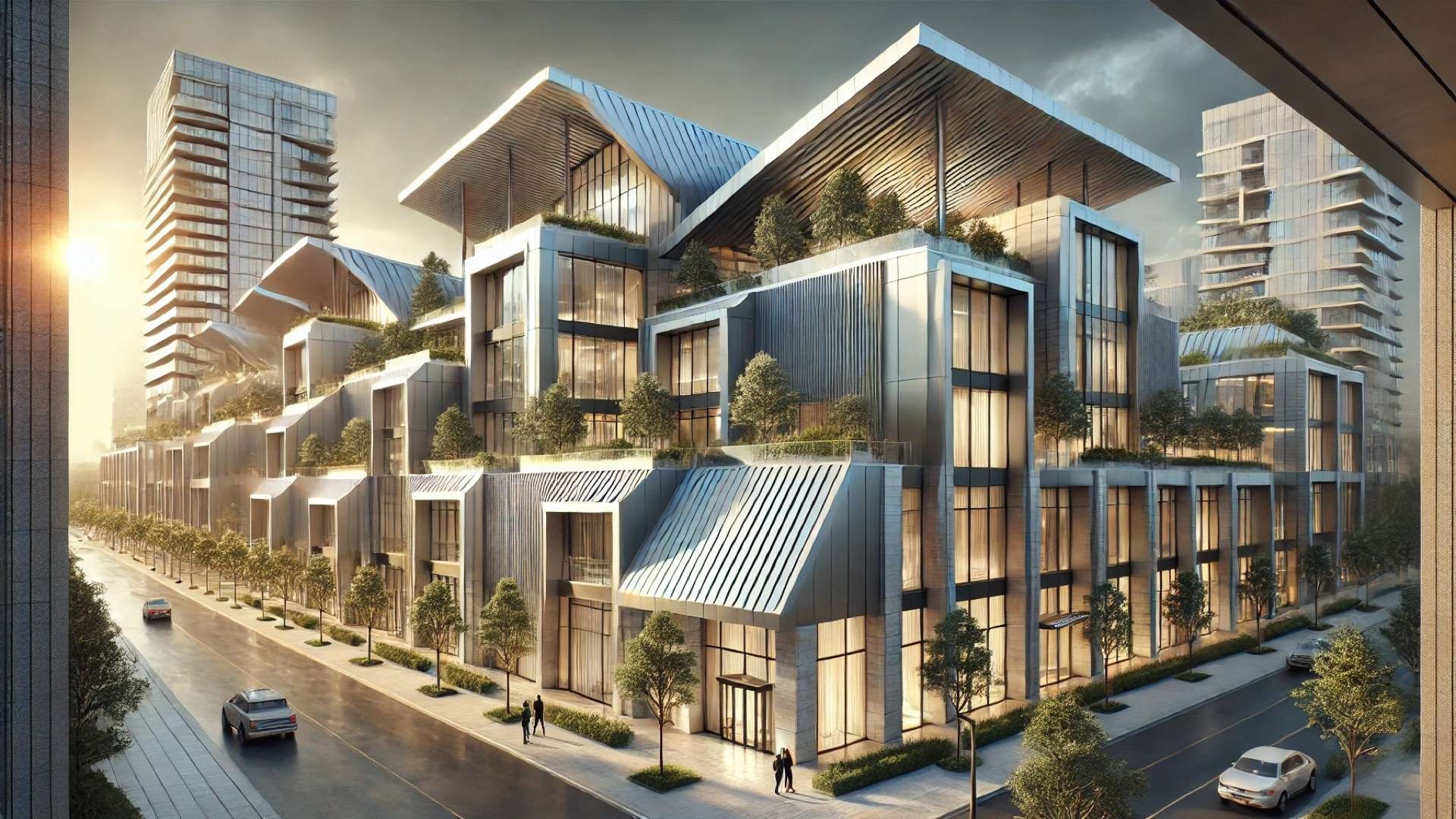 Upscale mixed-use commercial complex with dramatic sloped standing-seam metal roofs, landscaped terraces, and reflective wet streets glowing after rainfall in soft evening light.
