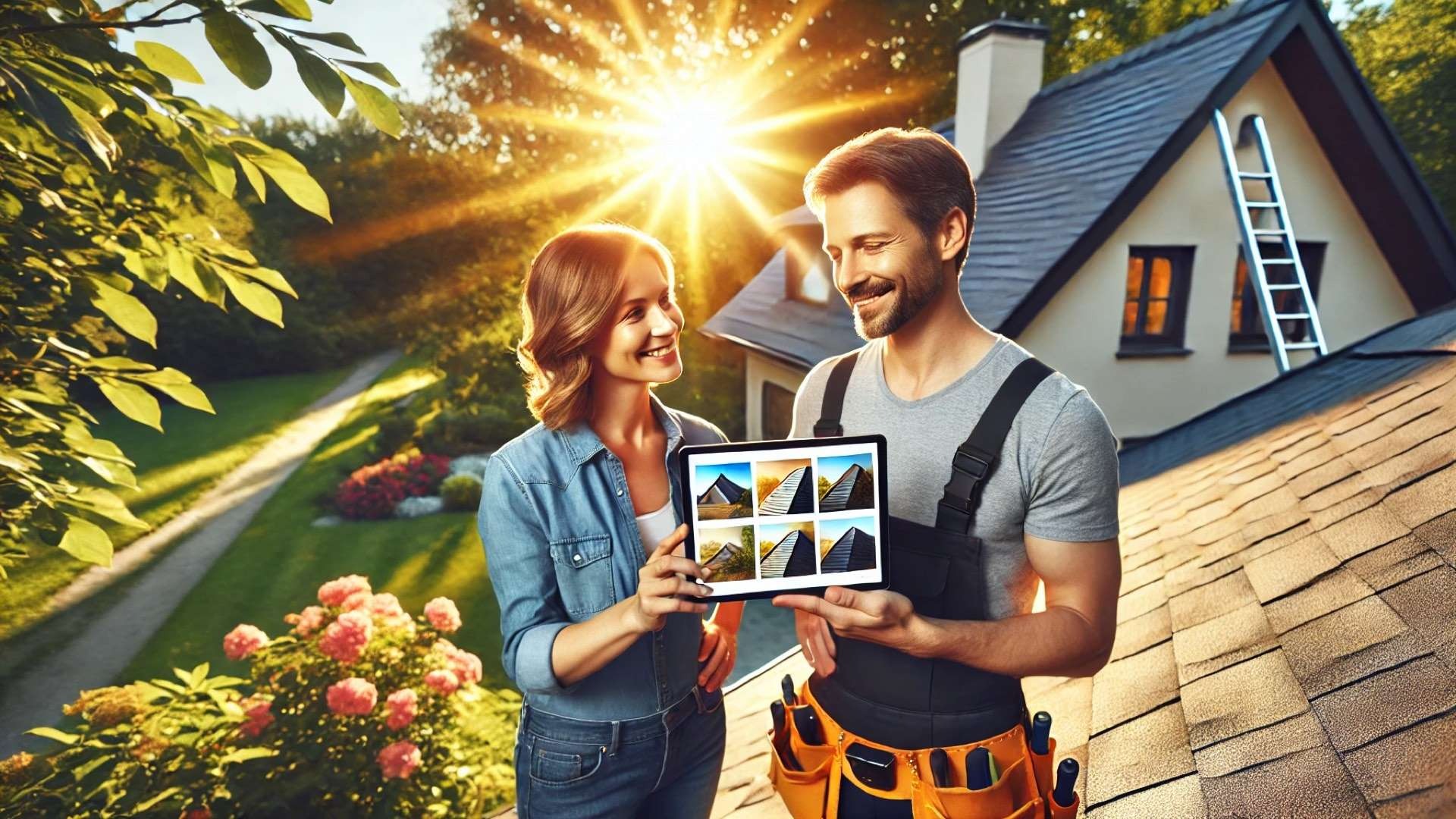 A roofer on a residential roof shows a homeowner a tablet with before-and-after roofing project photos, demonstrating proof and building trust.