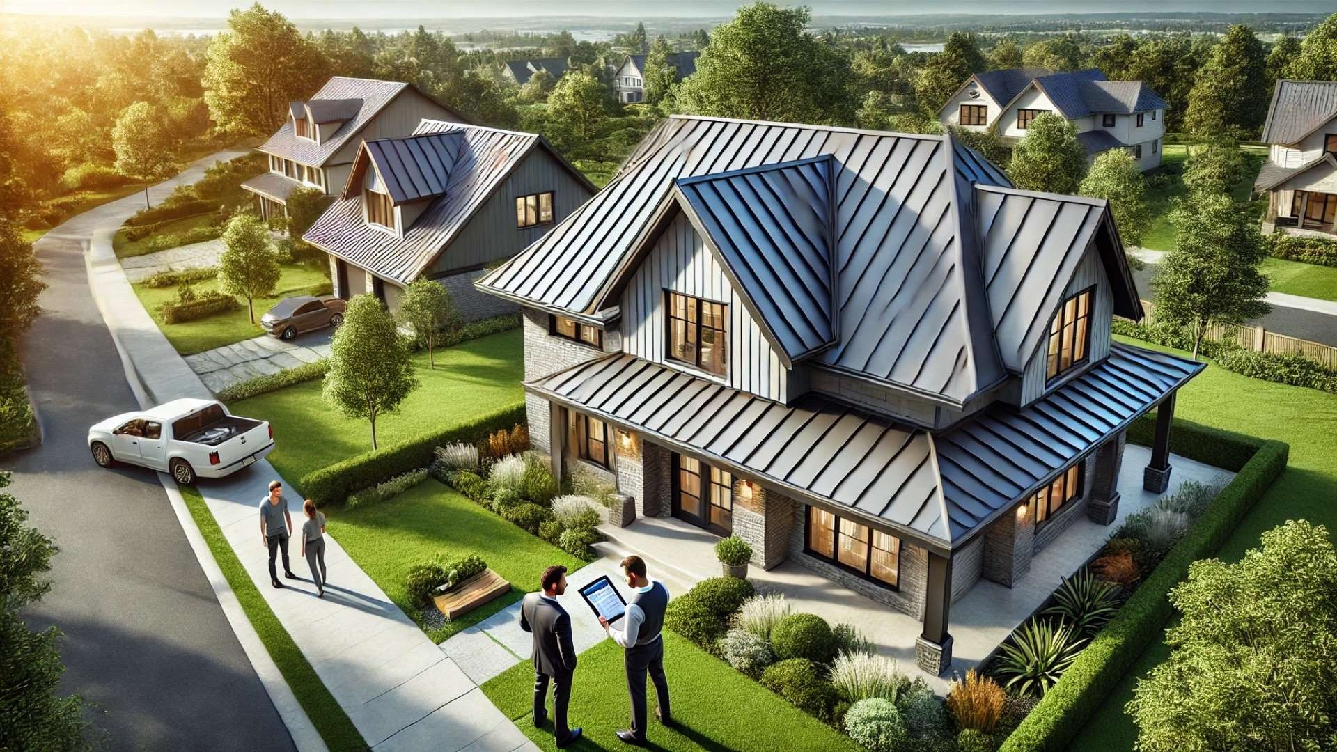 depicting DECRA metal roofing in a modern, upscale residential setting