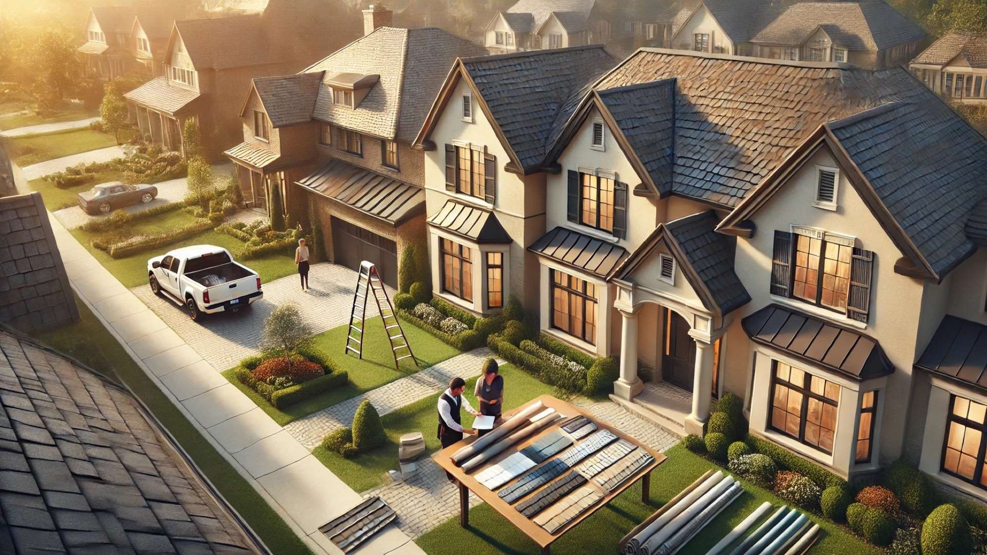 Homeowner and roofing professional review roofing material samples on a table in an upscale neighborhood with elegant homes featuring slate, tile, and metal roofs.
