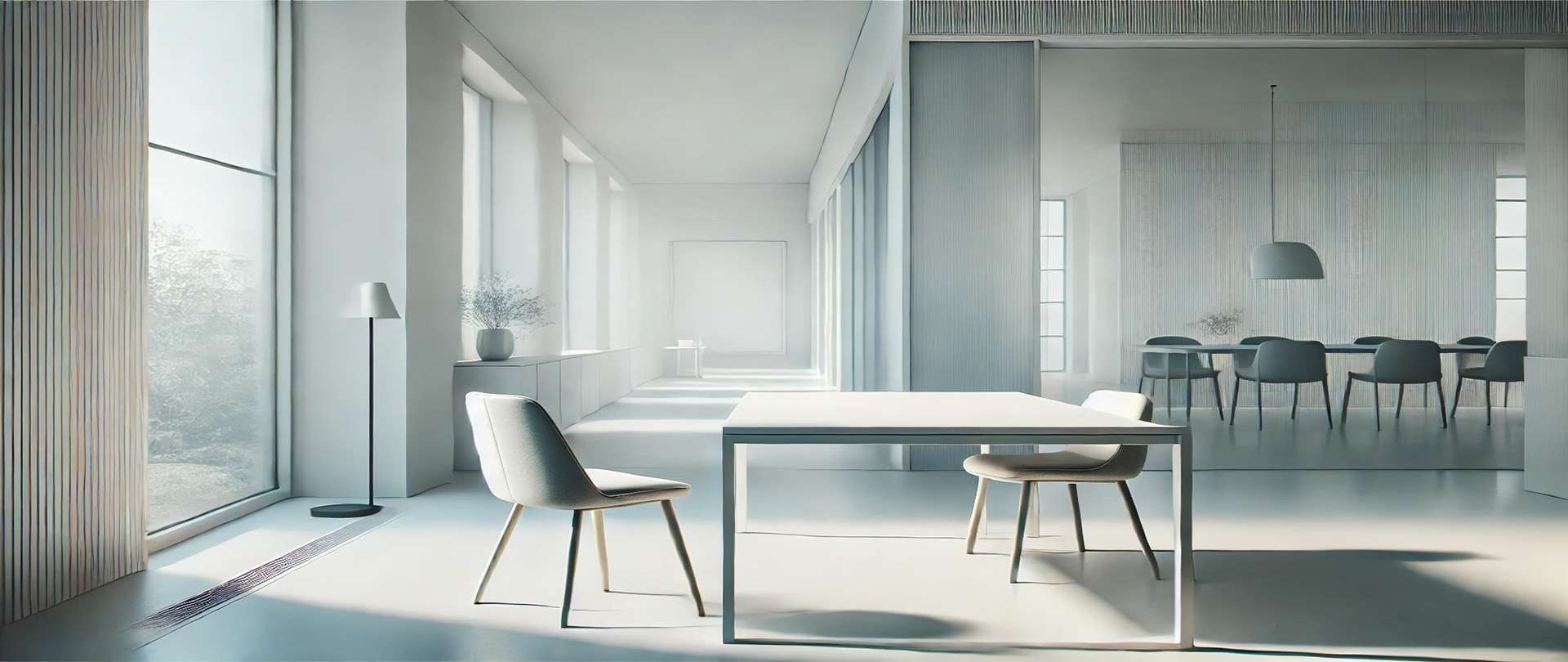 Minimalist modern workspace with two chairs at a bright white table near a window, symbolizing an open invitation to collaborate.