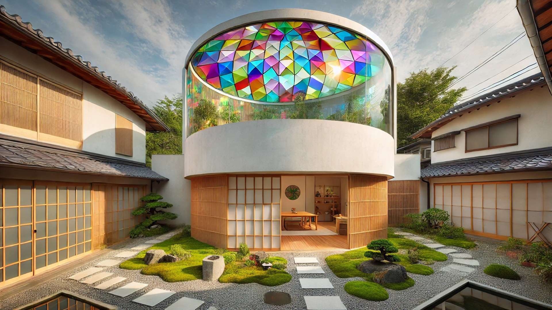 Whimsical single-story Japanese Kaleidoscape house with a vibrant geometric stained-glass roof dome above a minimalist white residence surrounded by a serene Zen garden.