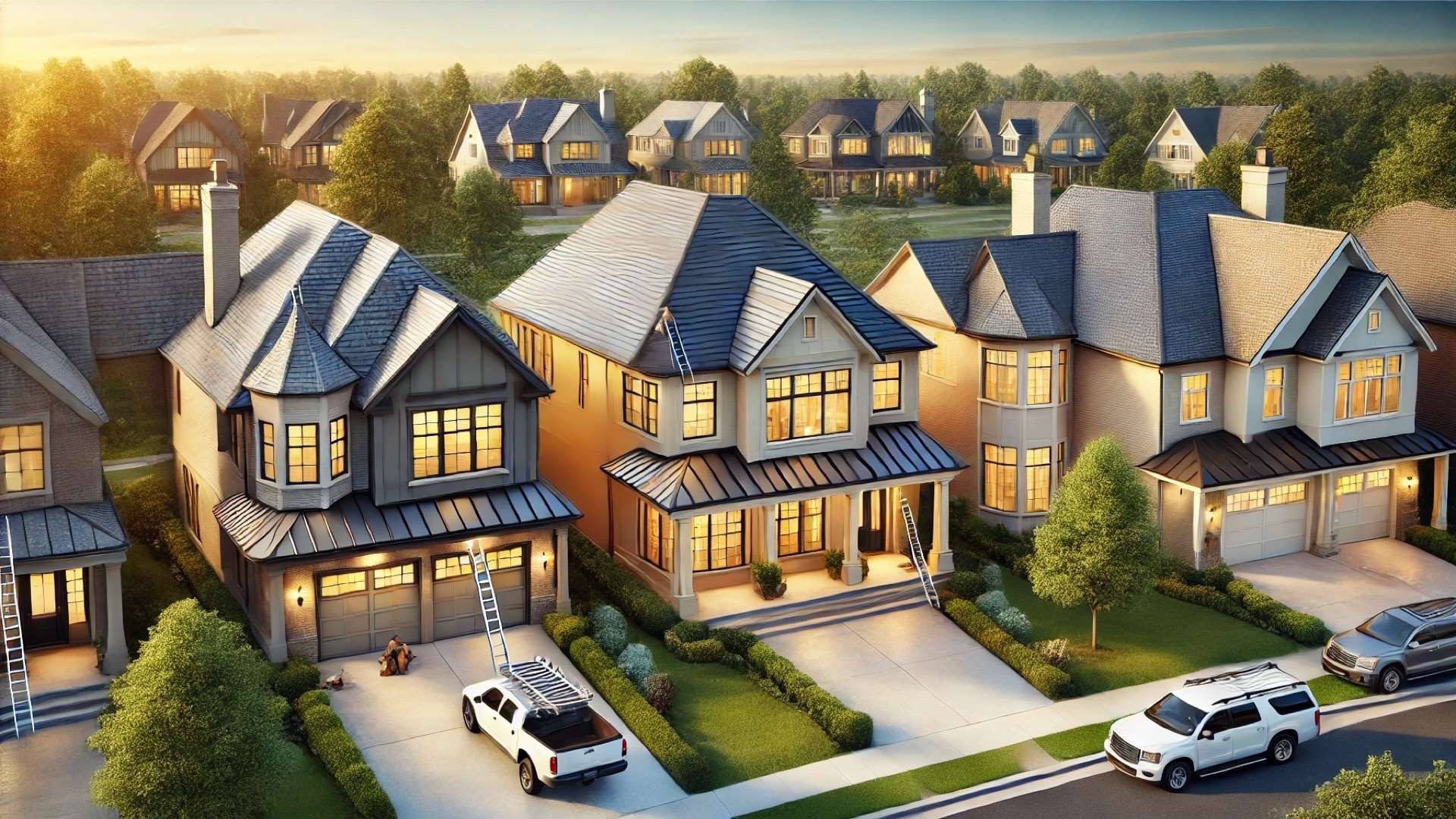 Upscale suburban homes with different roofing materials—slate, metal, and asphalt—shown in warm evening light with ladders indicating roof inspection and maintenance.