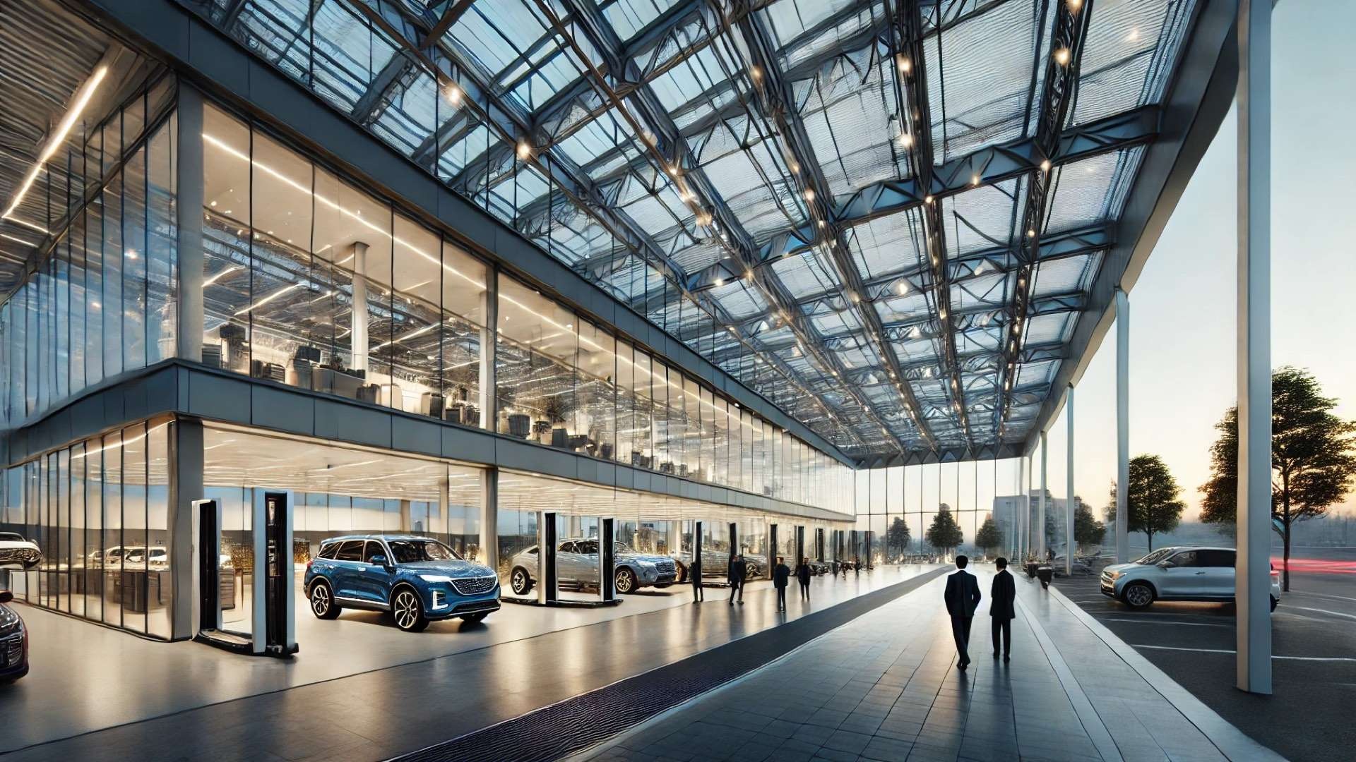 Modern glass-walled automotive dealership with a large open service area and visible long-span steel roof structure, cars on display, and people walking along a covered exterior walkway.