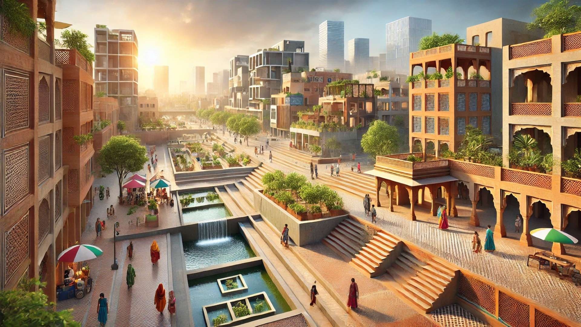 Urban Indian plaza with stepwell-inspired water terraces, shaded arcades, and community spaces blending traditional materials with modern city towers.