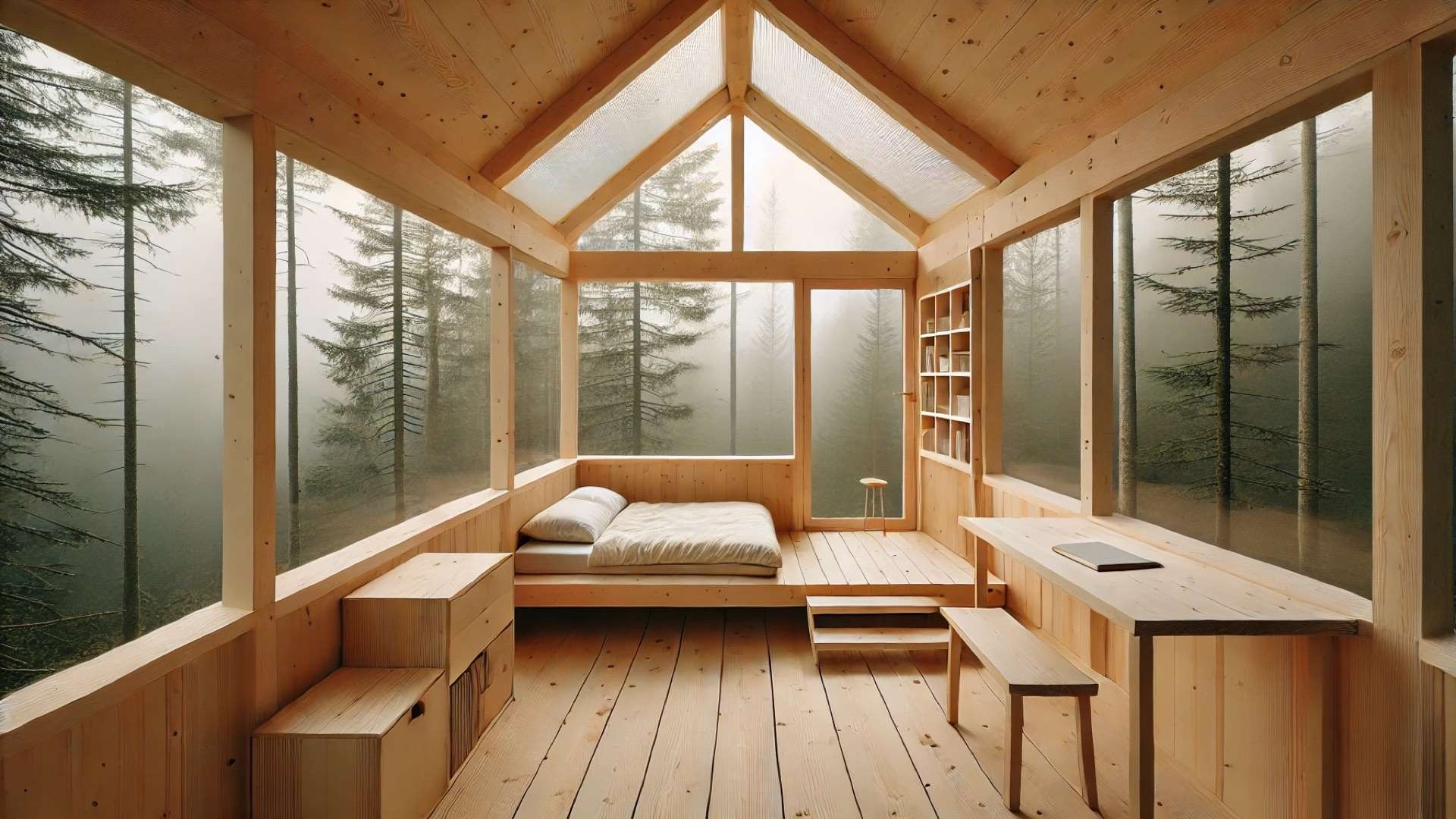 Minimal wooden treehouse interior with built-in bed, desk, and bench, surrounded by translucent panels revealing a misty forest.