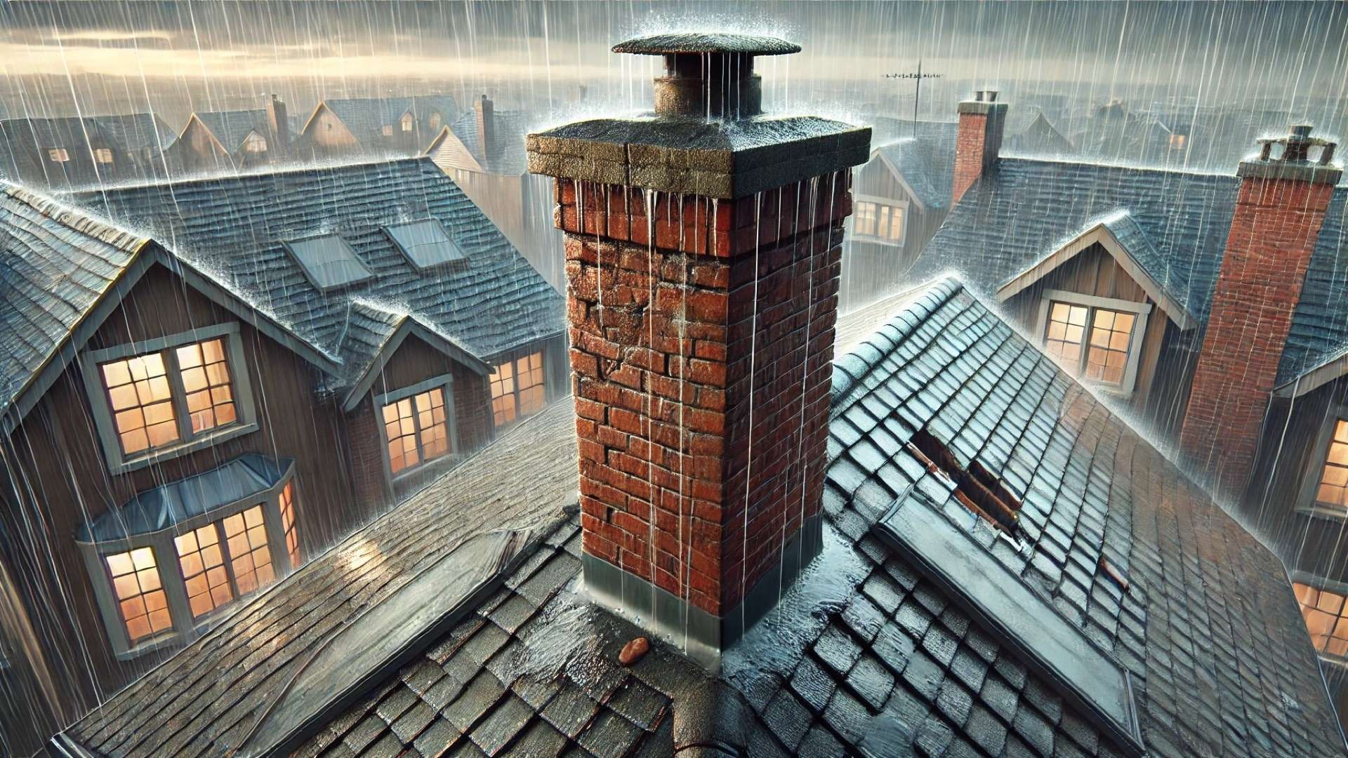 Close-up of a brick chimney on a sloped roof during heavy rain, showing cracked masonry, water streaks, and worn flashing with visible moisture pooling around the base.