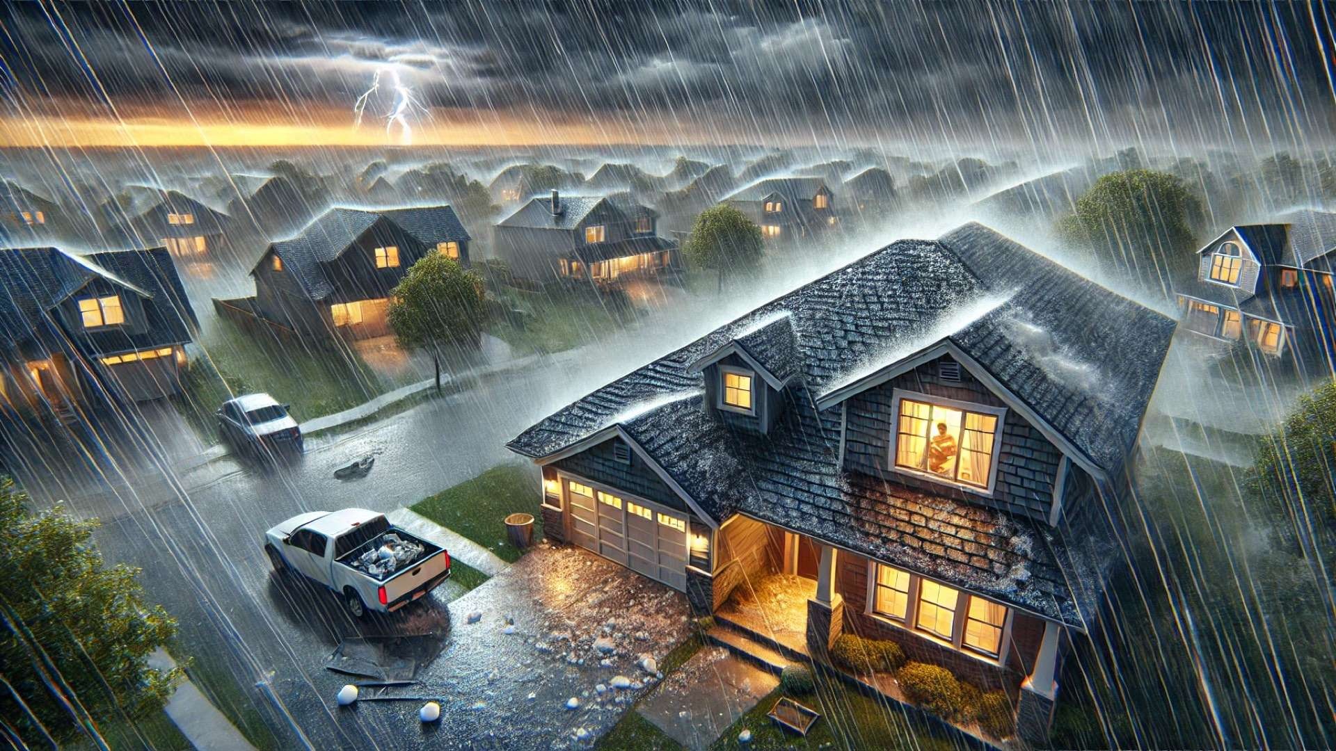 A suburban neighborhood during a severe hailstorm, with one home protected by a stone-coated metal roof while nearby houses show damage from large hailstones under dramatic storm clouds.