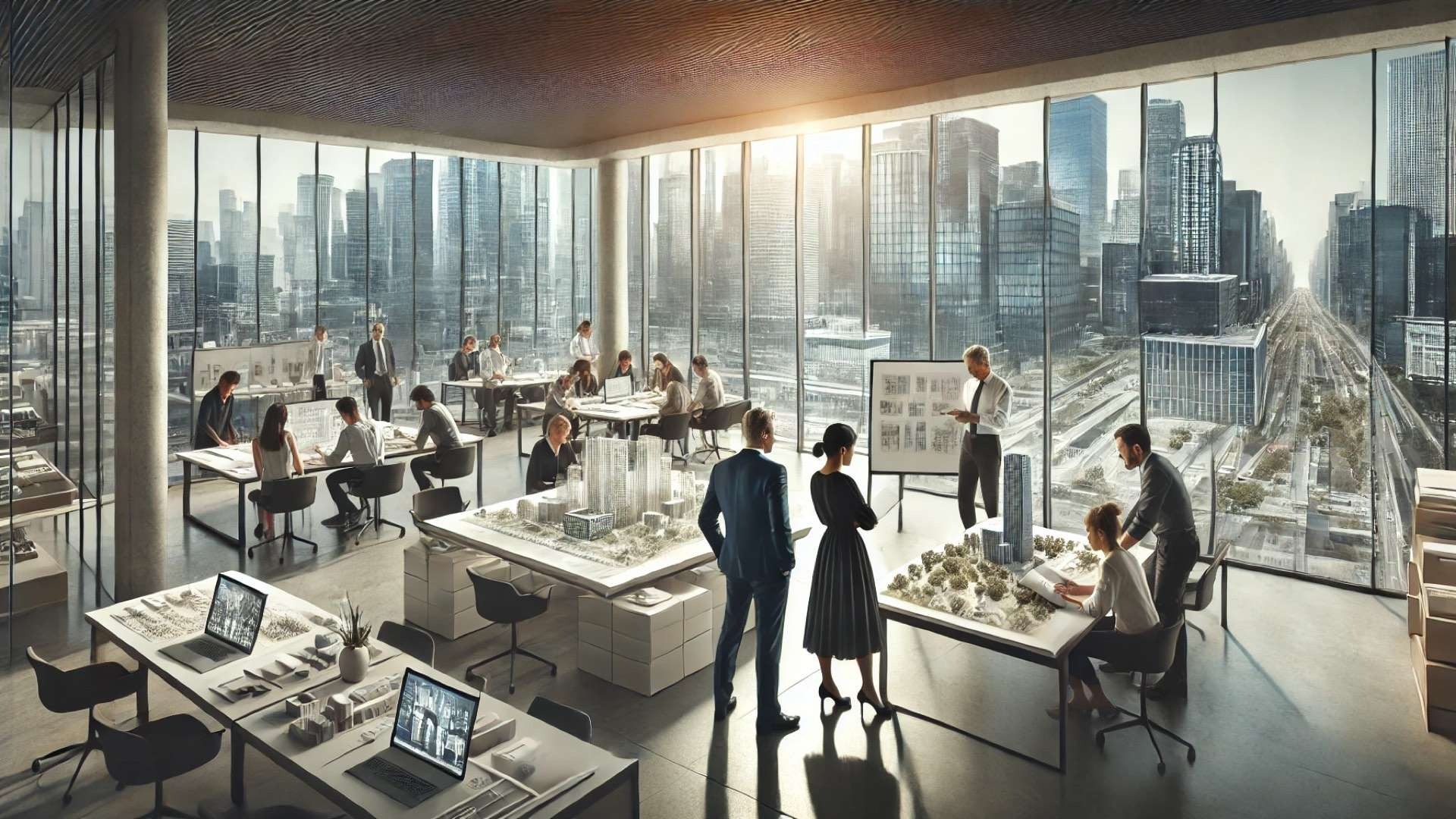 Contemporary design office with architects reviewing scale models and drawings, leadership figures at center, panoramic urban skyline visible through floor-to-ceiling glass.