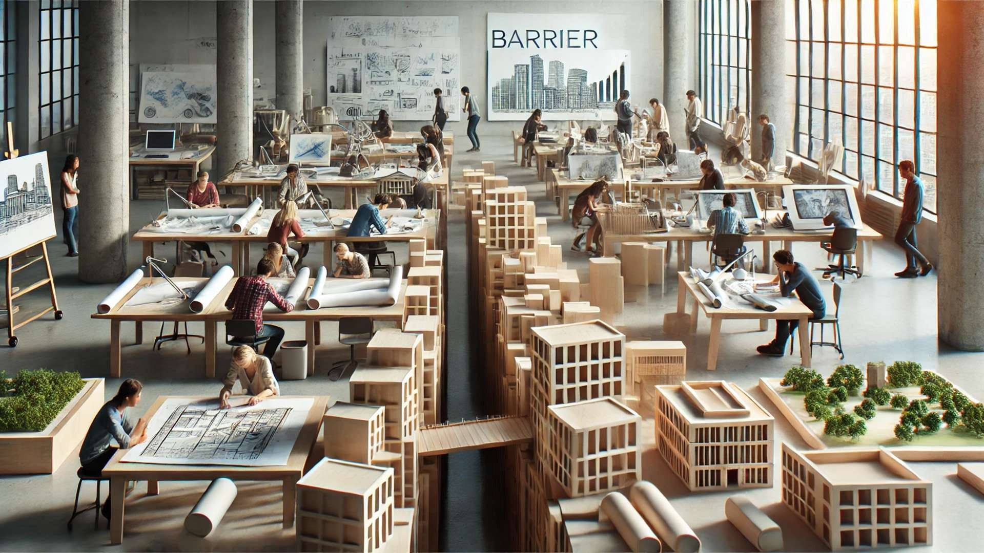 Architecture students working in a large studio filled with models and drawings, divided by a canyon-like gap symbolizing financial barriers, with a small bridge connecting both sides.