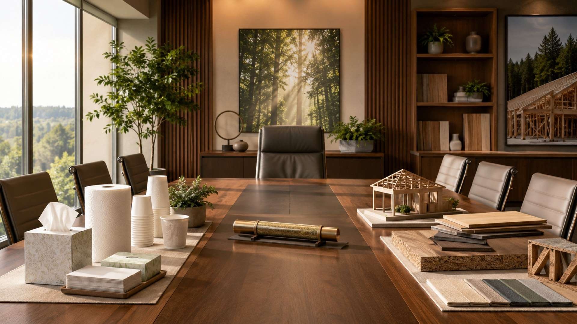 Sunlit executive conference room with a long wood table, black leather chairs, material samples, a scale timber building model, potted plants, and warm wood shelving, creating a polished corporate setting tied to building products and leadership.