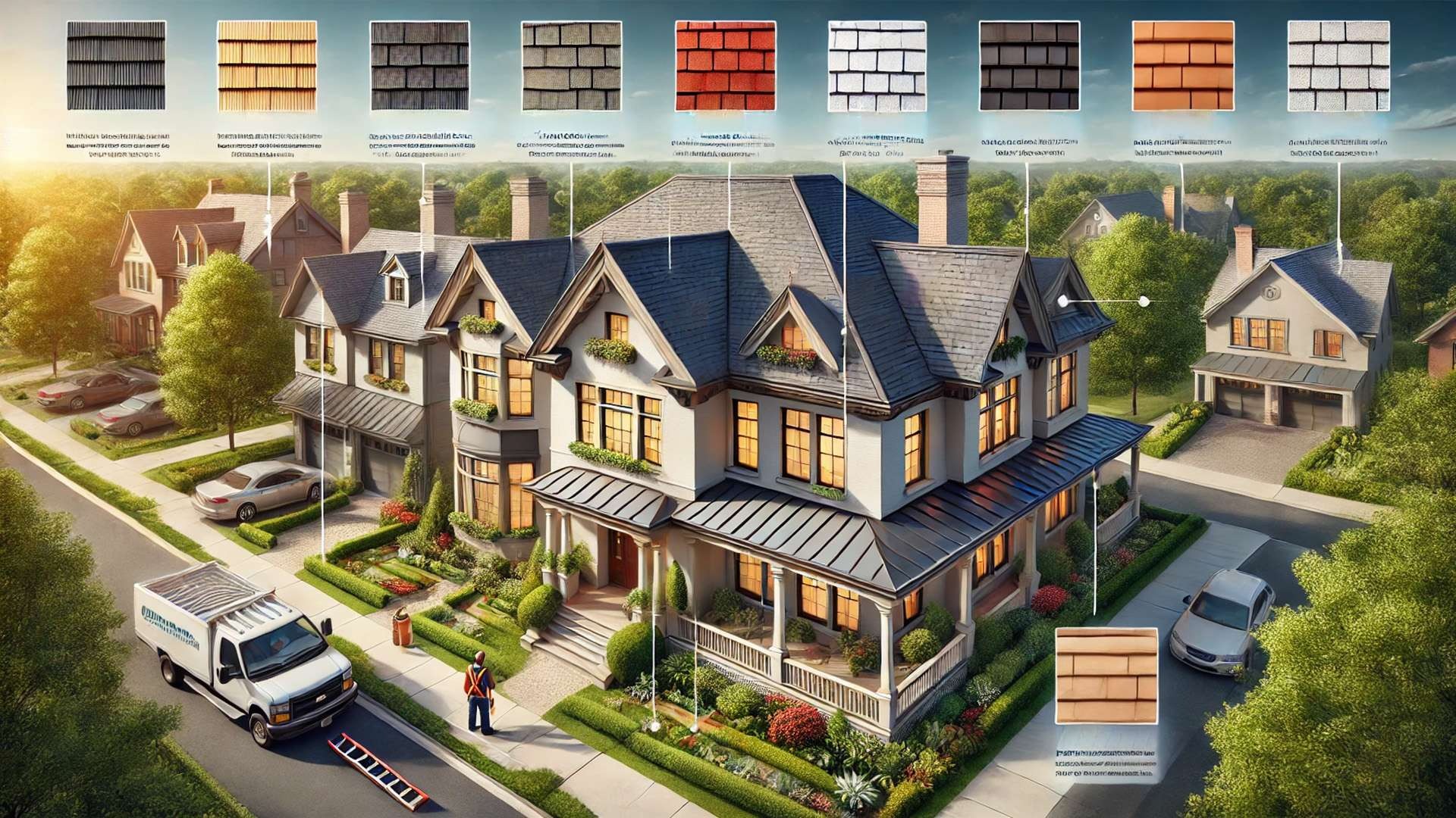 Large luxury residence showcasing varied premium roofing systems including metal, slate-style, and shingle surfaces, surrounded by manicured gardens and maintenance activity in a suburban setting.