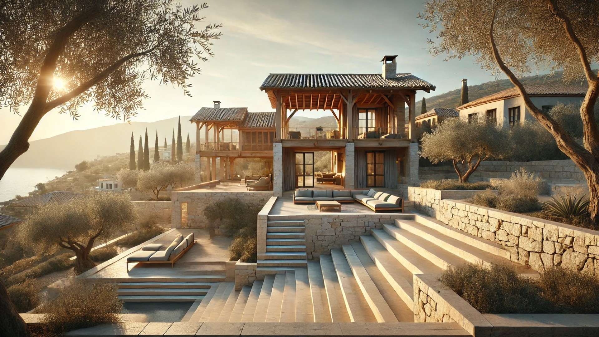 Renovated Greek hillside residence with layered stone terraces, exposed timber roof structures, and open-air living spaces overlooking olive groves at sunset.