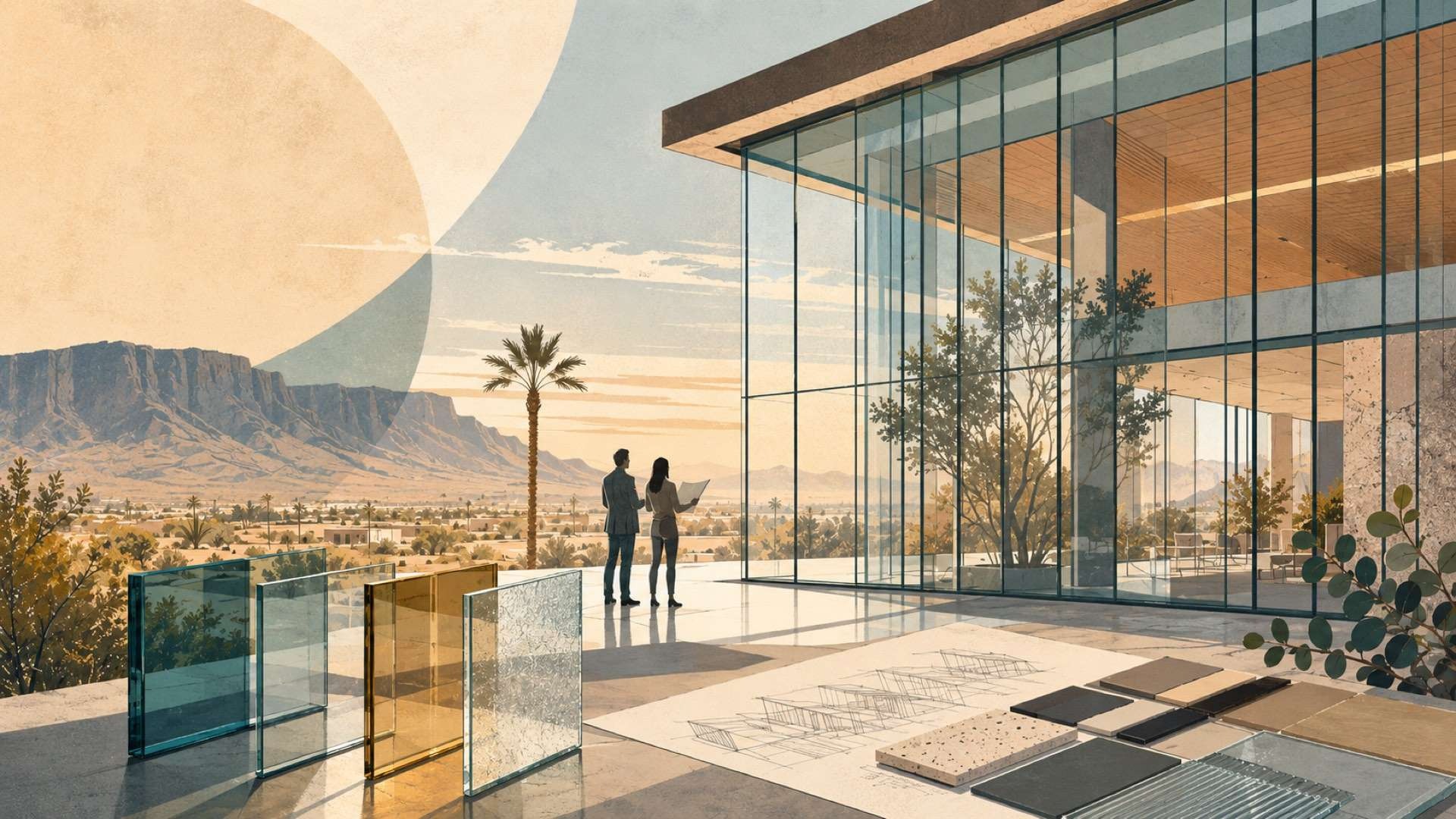 An editorial illustration of a glass-walled modern building in a desert landscape, with architectural glass samples, material boards, and design drawings in the foreground while two anonymous professionals review the façade from a distance.