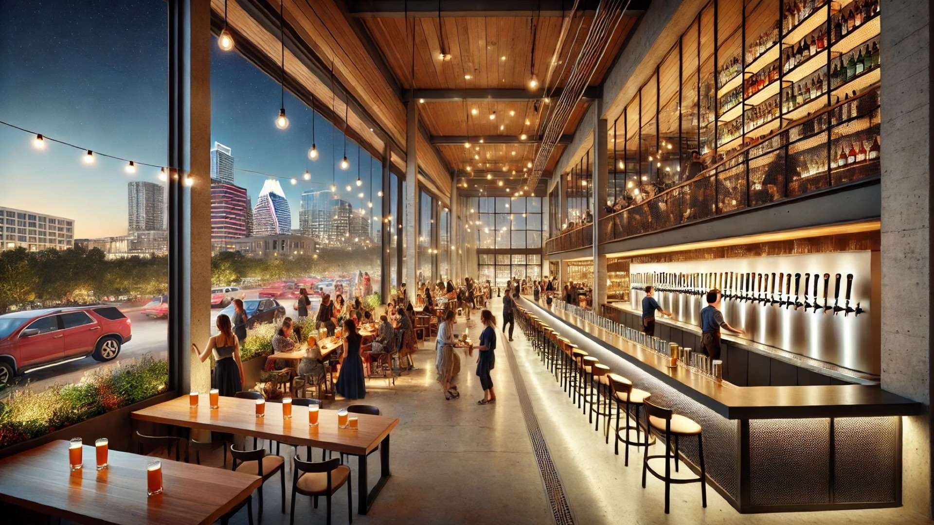 Contemporary Austin restaurant interior with soaring glass walls, self-pour tap stations, warm wood ceilings, and lively diners overlooking the illuminated city skyline at dusk.