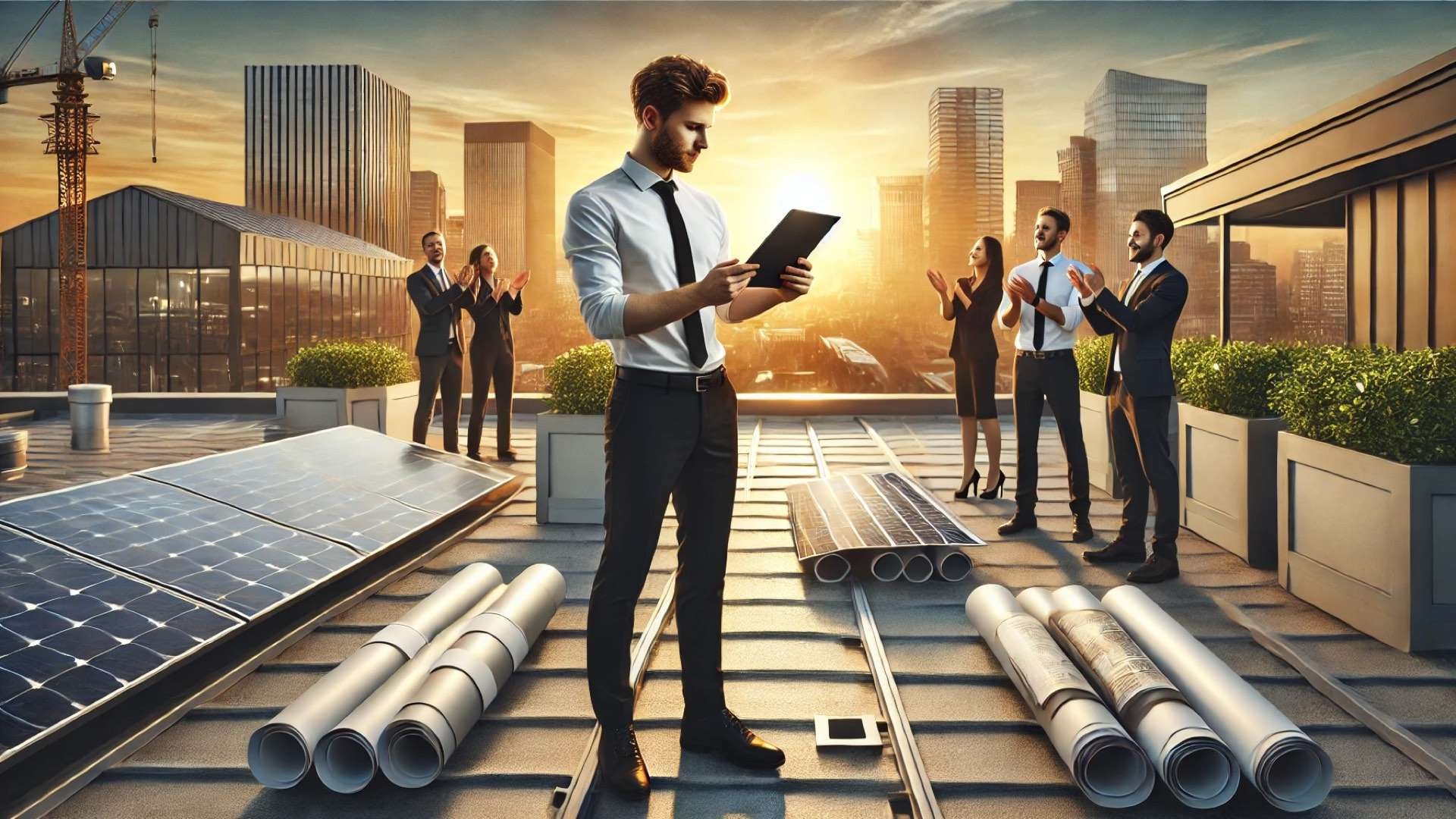 Young roofing professional standing on a modern rooftop with solar panels and sustainable materials while colleagues applaud in the background, symbolizing industry recognition and professional achievement.