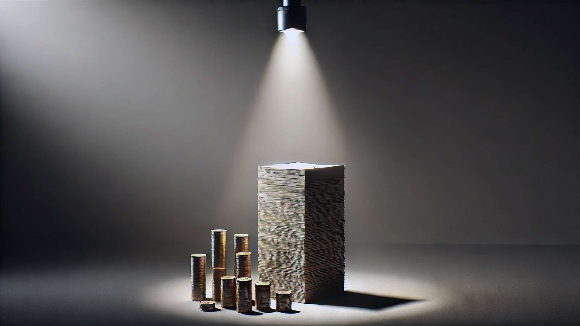 A tall stack of papers under a spotlight with several stacks of coins arranged beside it on a dark surface.