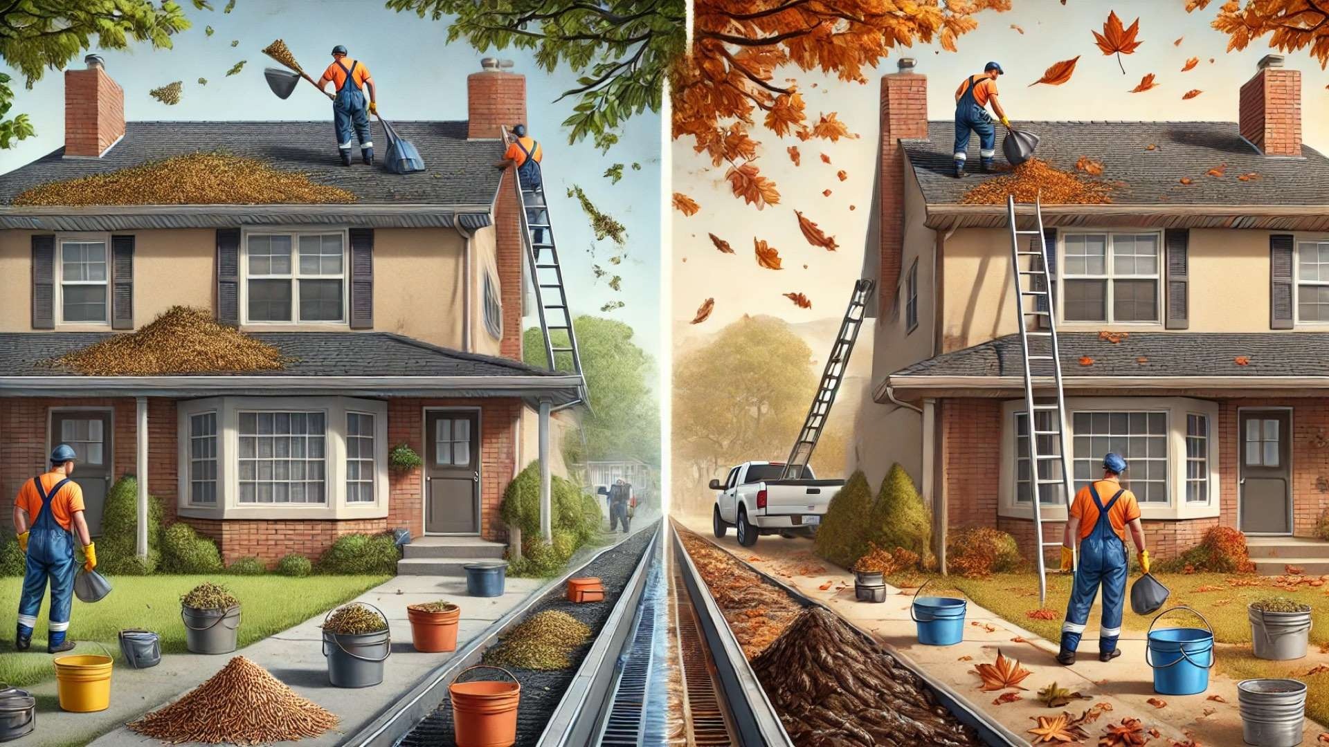 Side-by-side suburban homes showing gutter cleaning on different heights with light leaves versus heavy compacted debris across contrasting autumn and summer conditions.