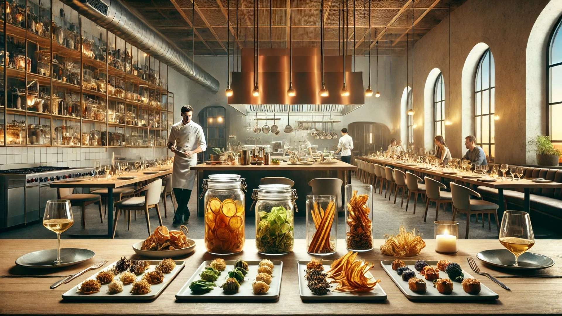 Elegant open-kitchen restaurant with chefs preparing refined dishes from preserved and dehydrated ingredients, surrounded by warm copper accents, fermentation jars, and guests dining in a softly lit sustainable luxury setting.