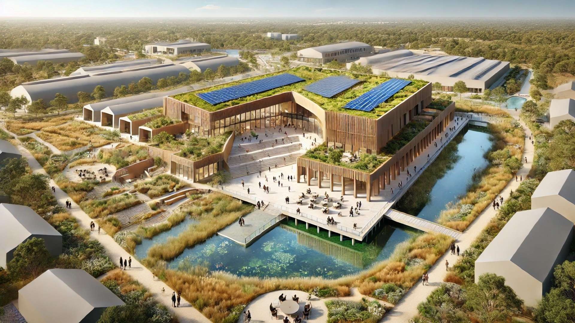 Landmark sustainable civic building with green rooftop, solar panels, timber structure, and surrounding wetlands and public plazas in a newly developing urban district.