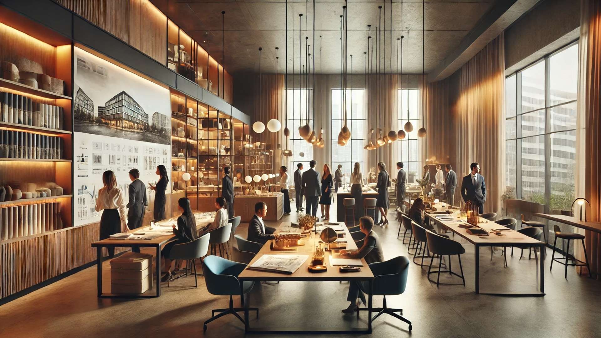 Warm contemporary architecture studio with designers collaborating around large tables filled with material samples and models, surrounded by softly lit shelving and hospitality-inspired interior displays.