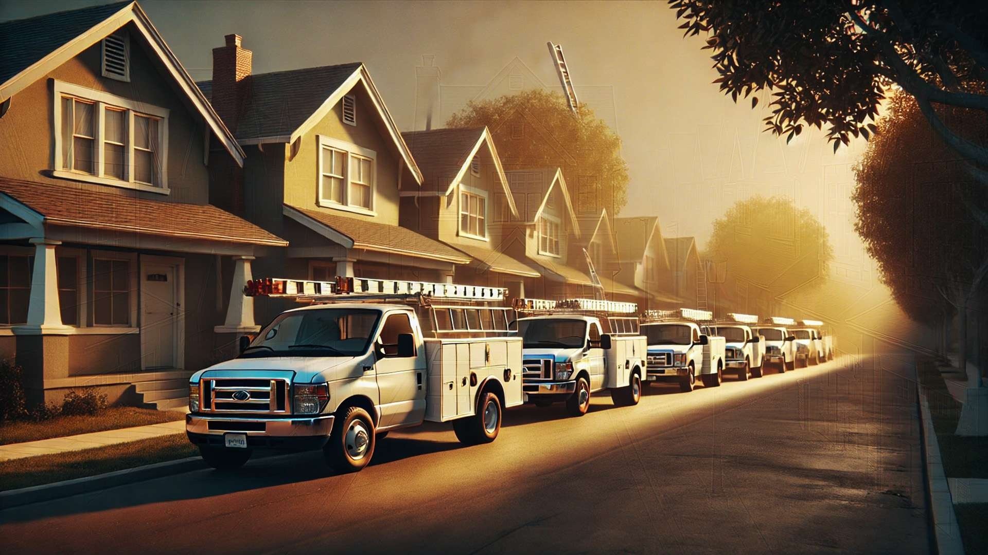 Symmetrical suburban street lined with identical homes and contractor trucks parked in uniform rows at golden hour, emphasizing repetition and sameness.