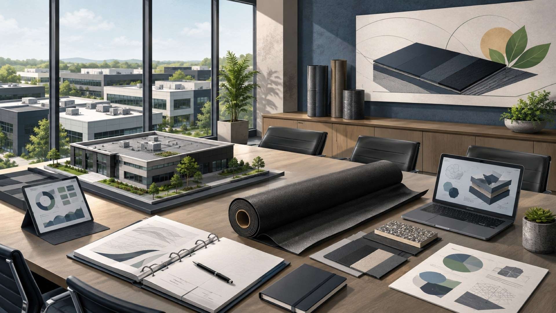 A modern boardroom displays EPDM roofing material rolls, technical samples, research documents, and commercial flat-roof building models, suggesting industry leadership, material innovation, and collaboration around durable single-ply roofing systems.