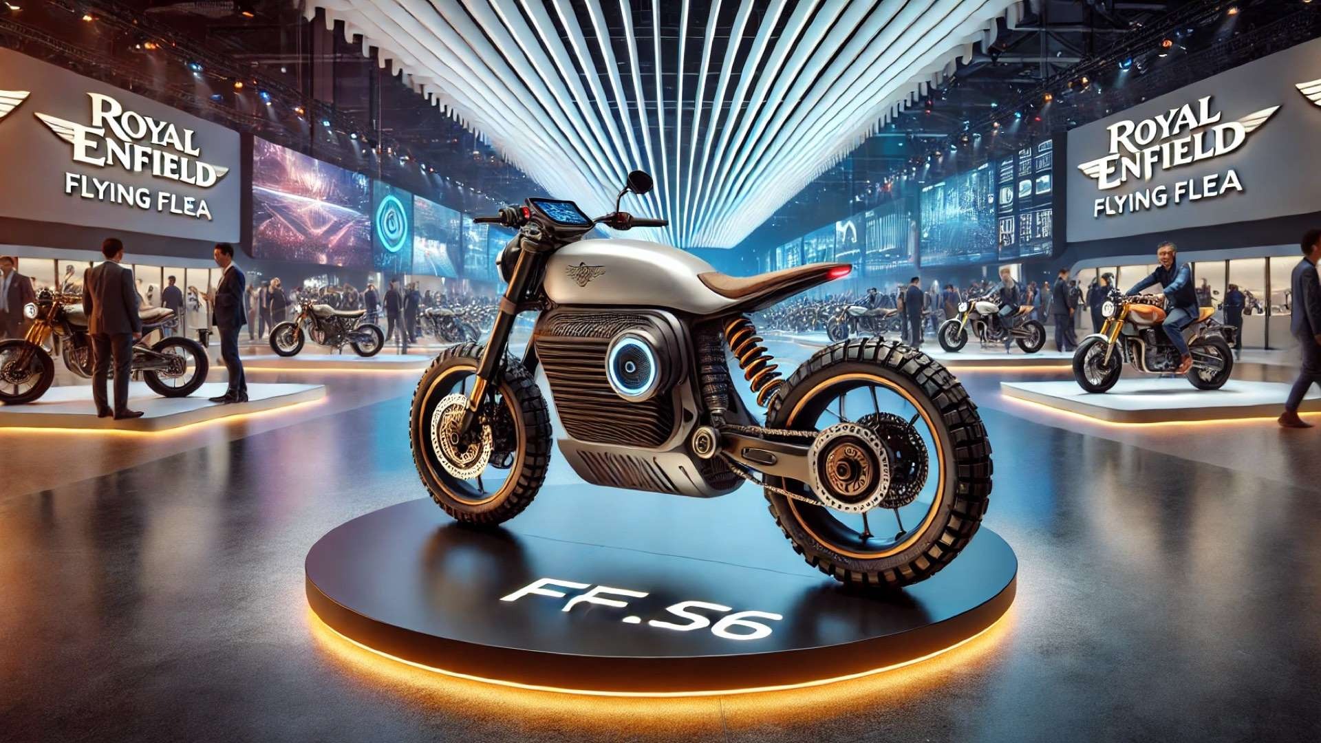 showcasing the futuristic Royal Enfield FF.S6 electric motorcycle, blending rugged off-road design with cutting-edge technology—set against the backdrop of an international motor show