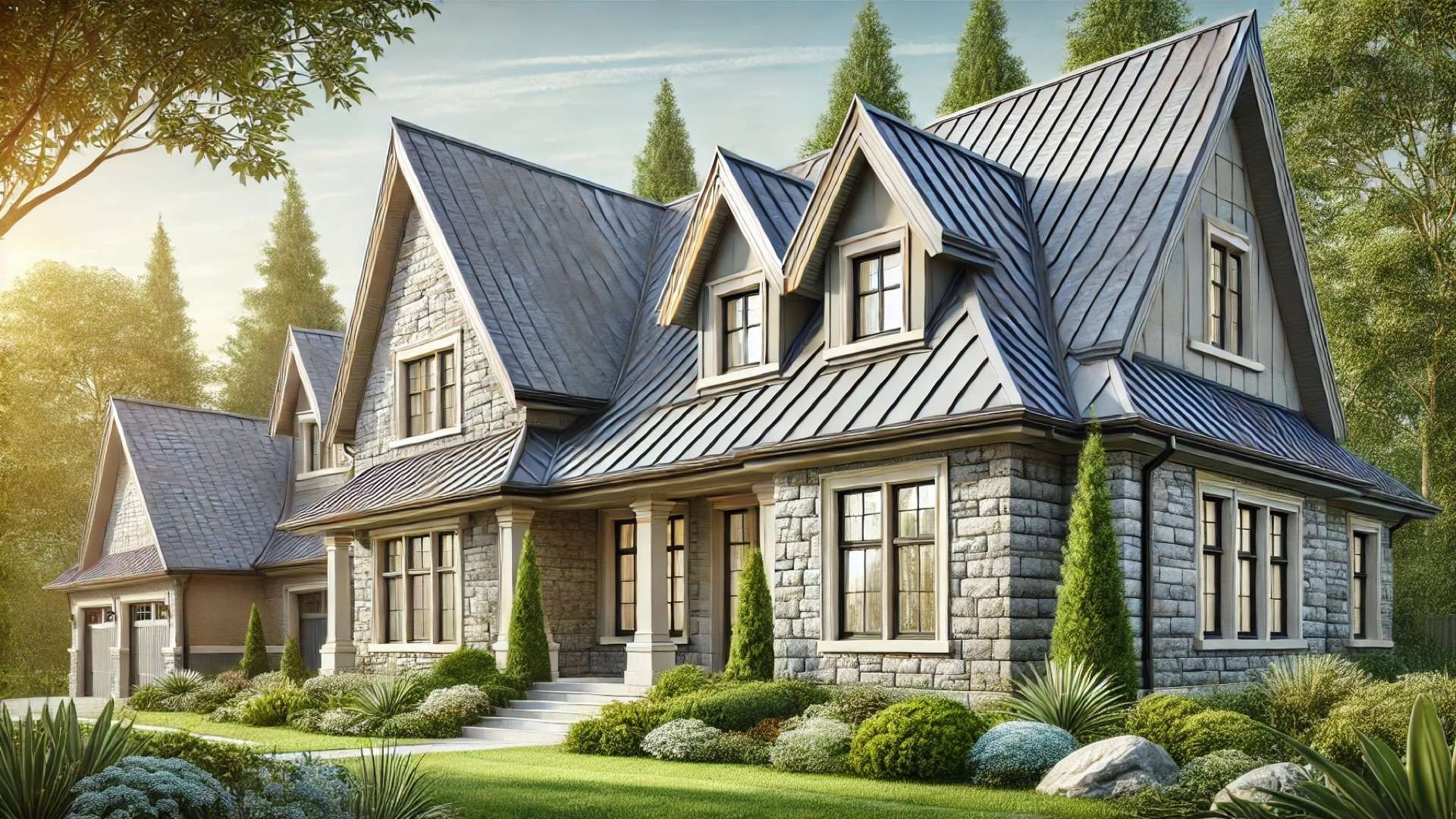 suburban home featuring elegant stone-coated metal roofing, showcasing the material’s texture, strength, and timeless aesthetic