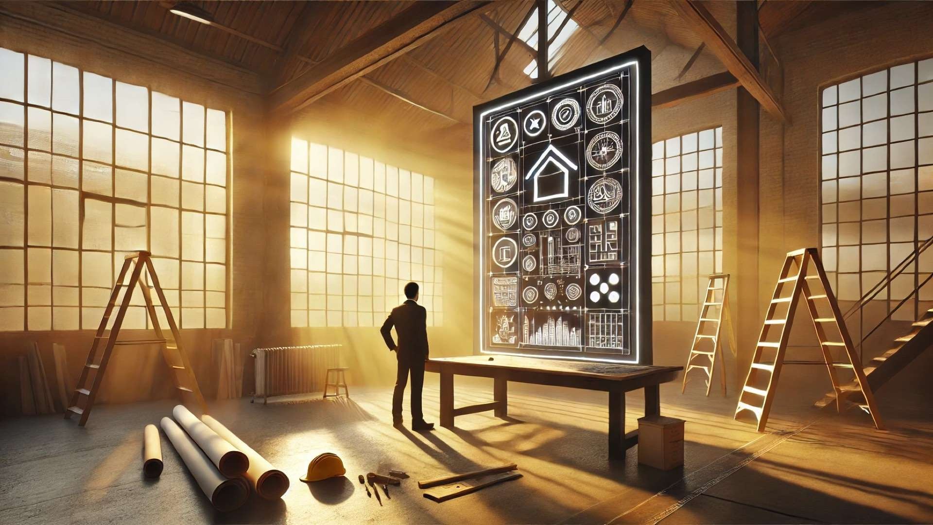 A man in a warm, sunlit workshop stands beside a large glowing board filled with abstract icons and diagrams, representing the finished blueprint of a professional roofing website.