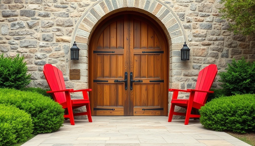 Charming rustic entrance with stone walls and red chairs, Bahamian Cottage Renovation.