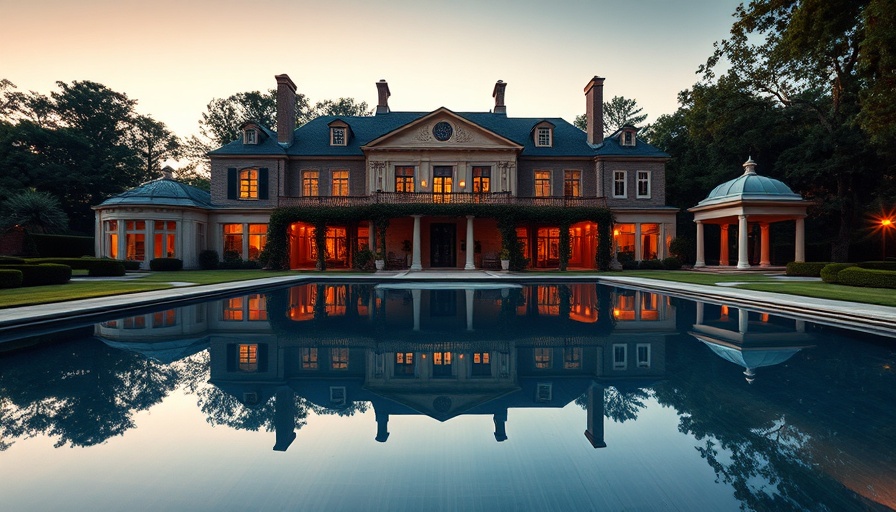 Renovated historic estate with gardens and pool at dusk.