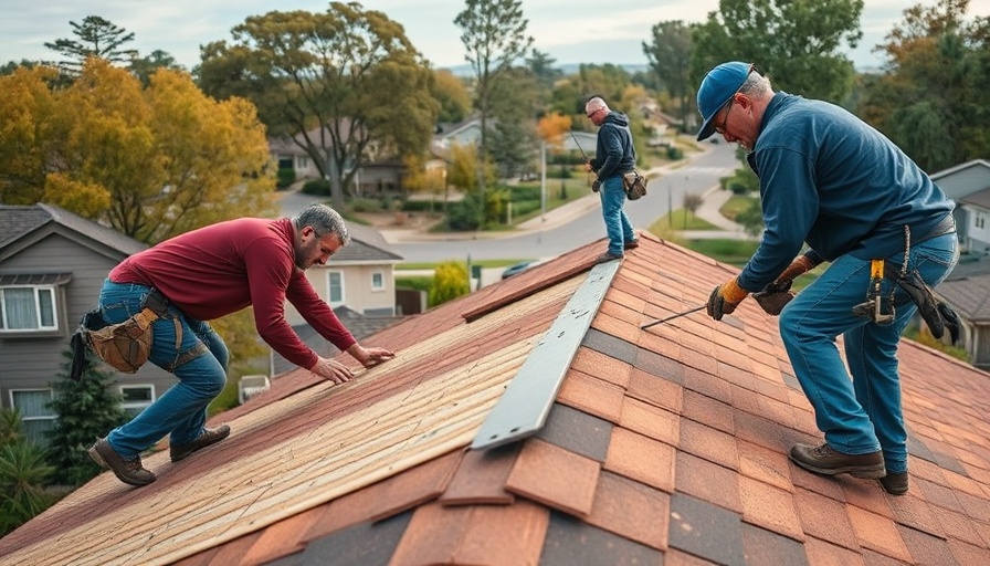 Roof installation workers on rooftop in suburban area.