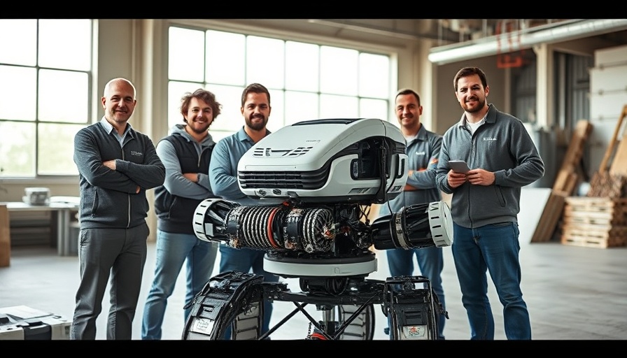 Team displaying robotic roofing technology, innovative design.