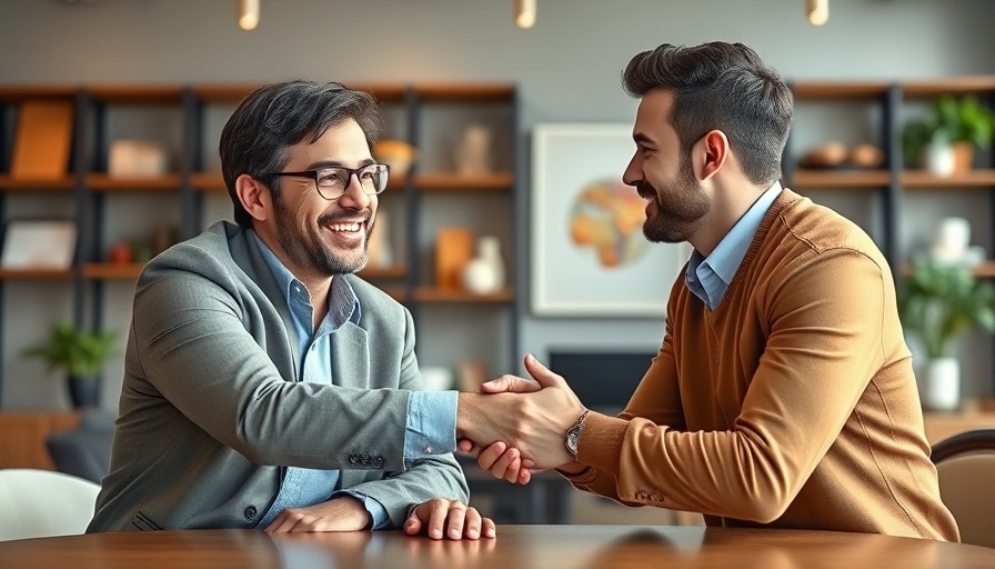 Business meeting handshake in modern office, highlighting roofing trends.