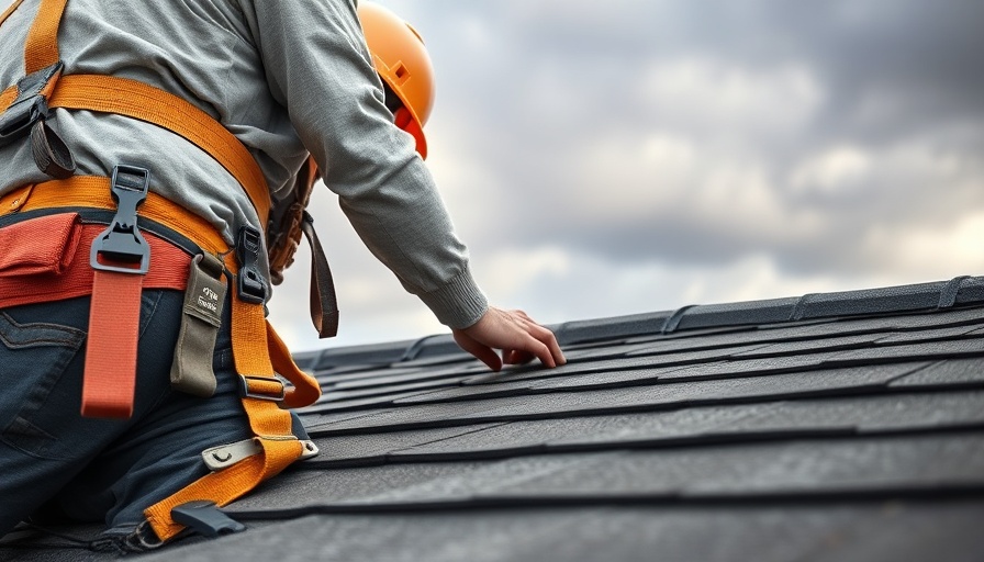 Roofer performing roof maintenance with safety gear and tools