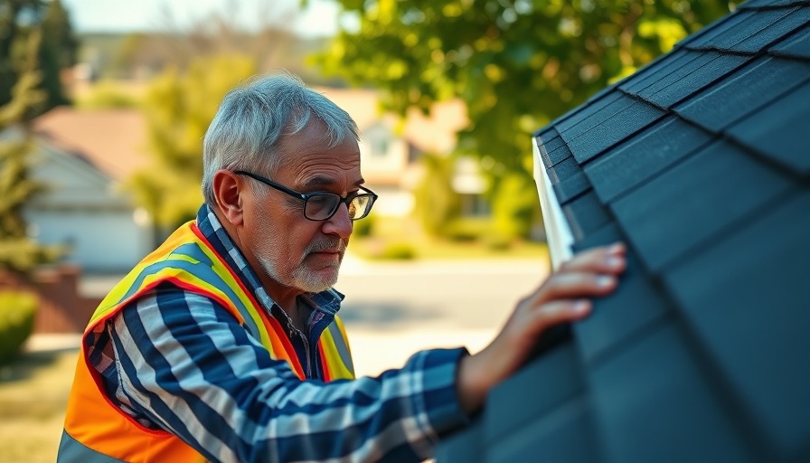 Man inspecting roof edge in sunny suburban setting.