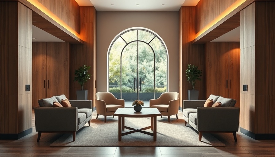 Modern wood-accented hotel lobby, two armchairs, open window view.